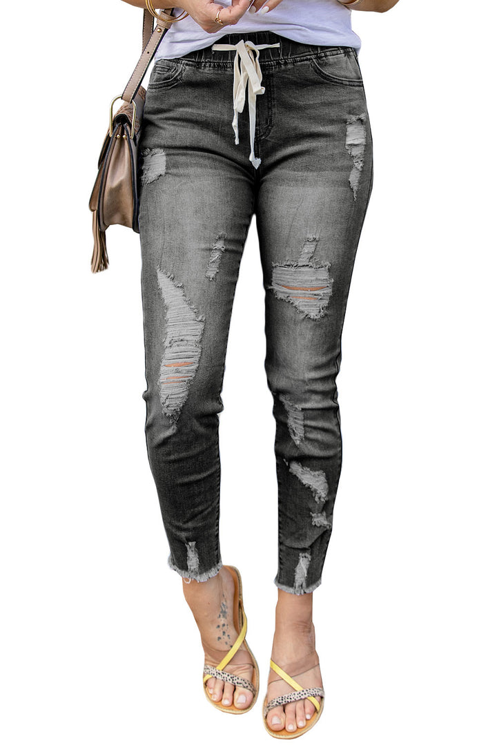Jean déchiré à taille élastique avec cordon de serrage pour femme, gris