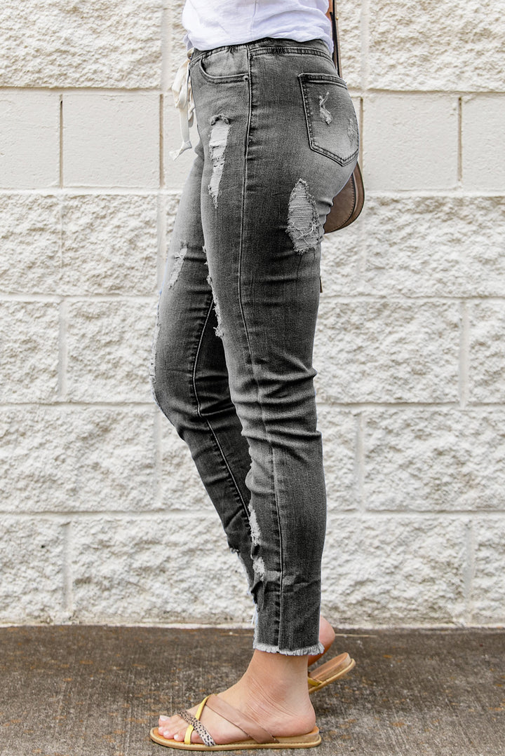 Women's Fashion Gray Drawstring Elastic Waist Hole Ripped Jeans