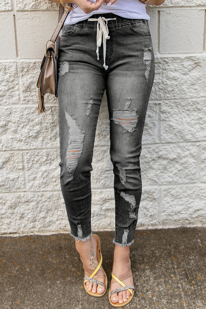 Women's Fashion Gray Drawstring Elastic Waist Hole Ripped Jeans