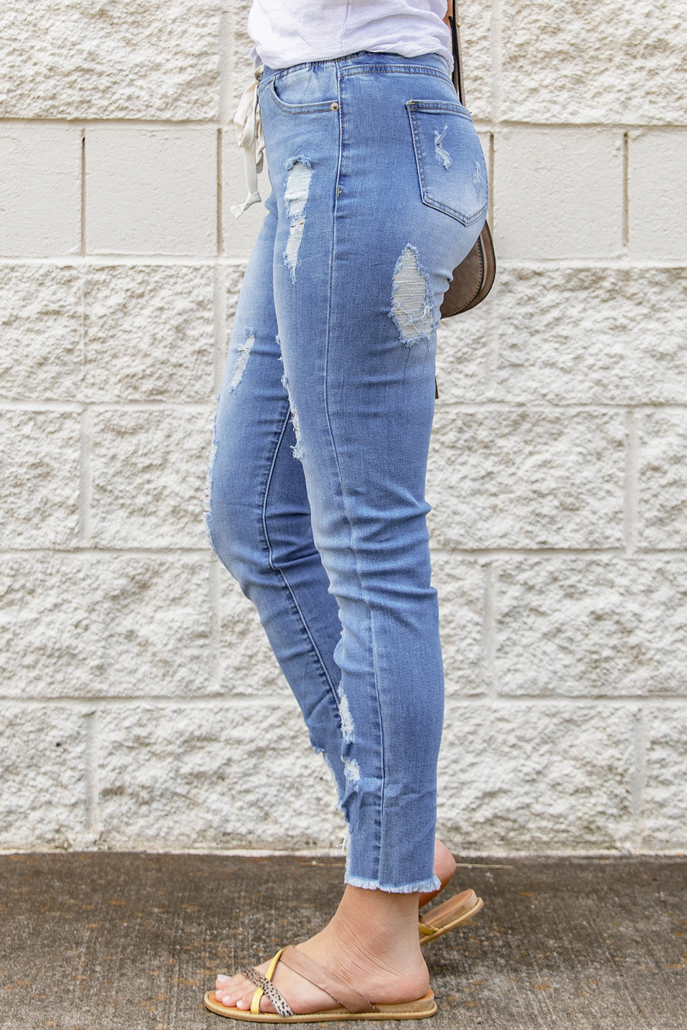 Women's Fashion Sky Blue Drawstring Elastic Waist Hole Ripped Jeans