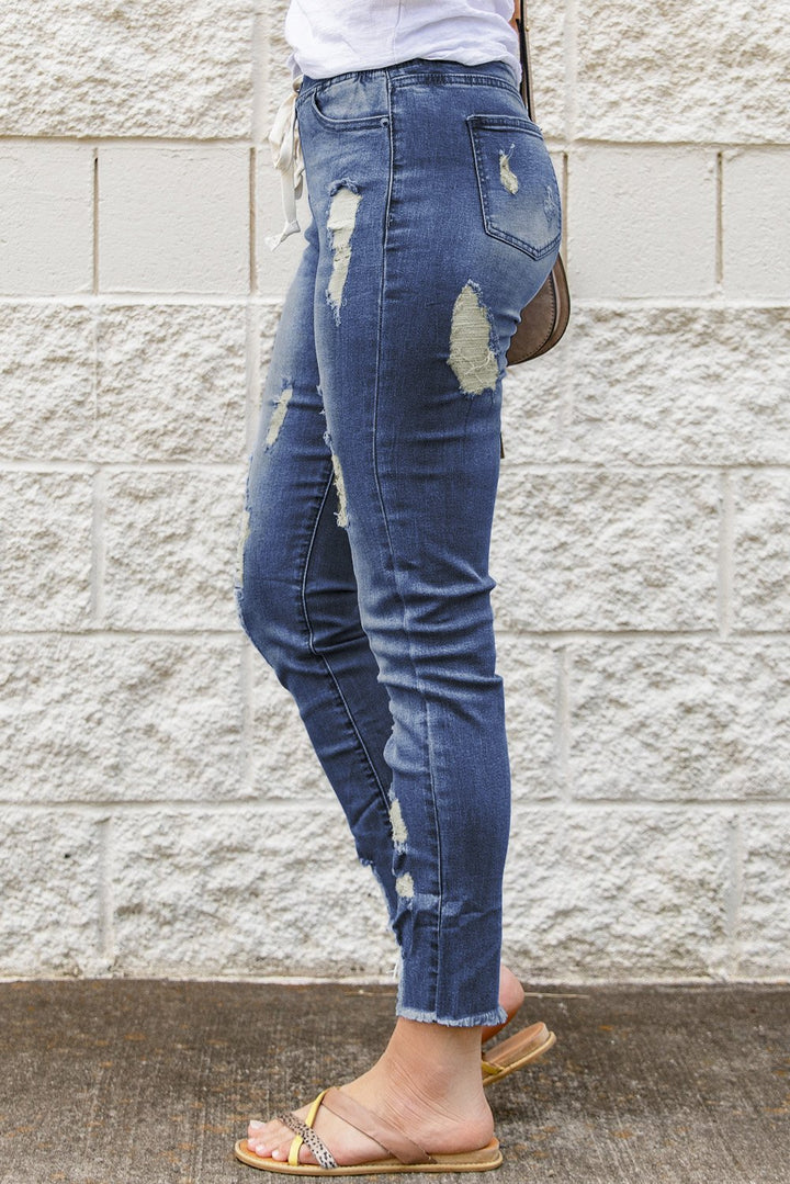 Womens Blue Drawstring Elastic Waist Hole Ripped Jeans