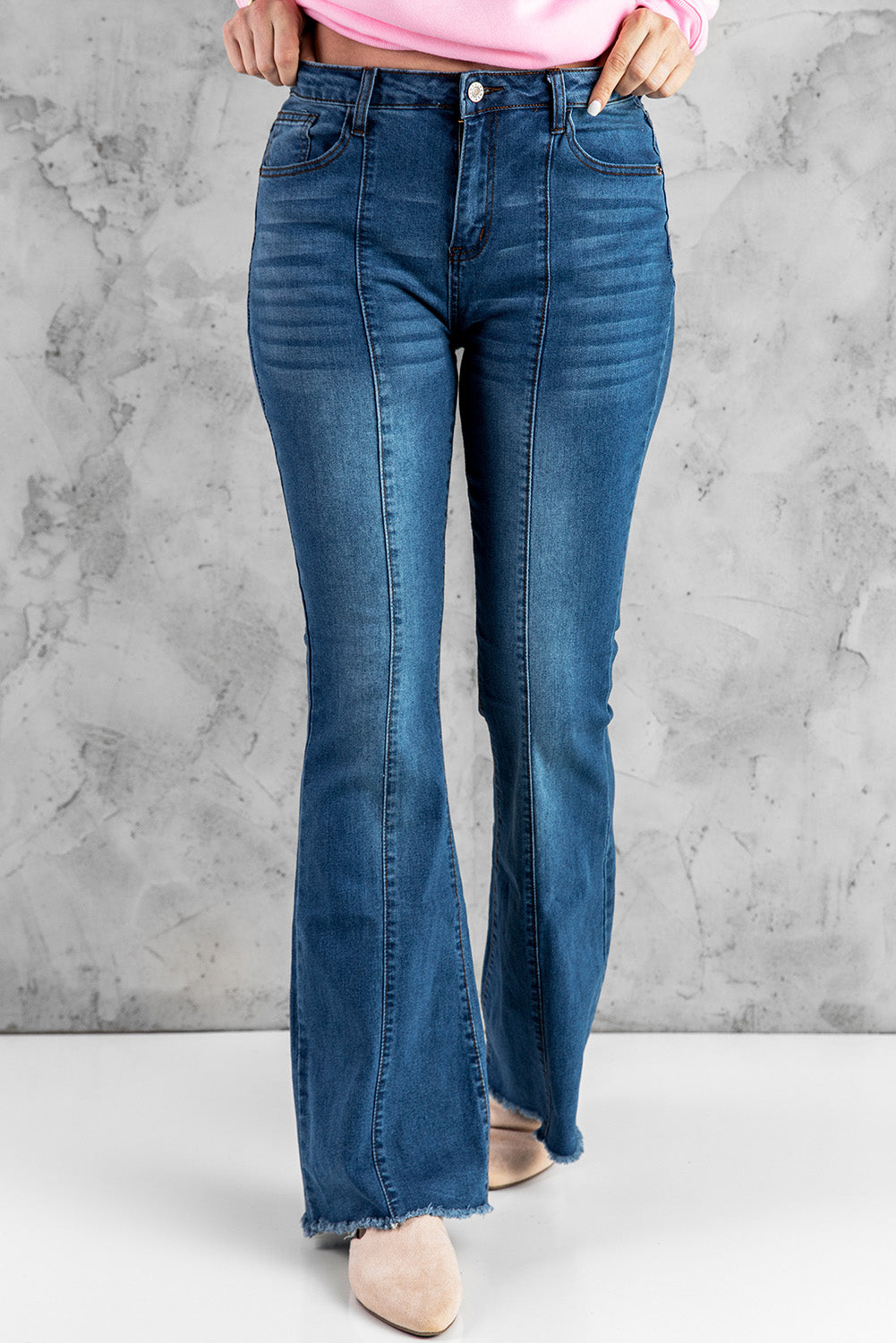 Casual Blue Raw Hem Flared Jeans with Pockets
