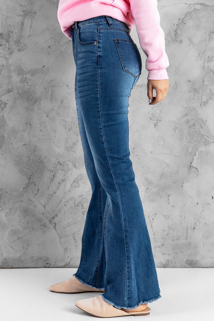Casual Blue Raw Hem Flared Jeans with Pockets