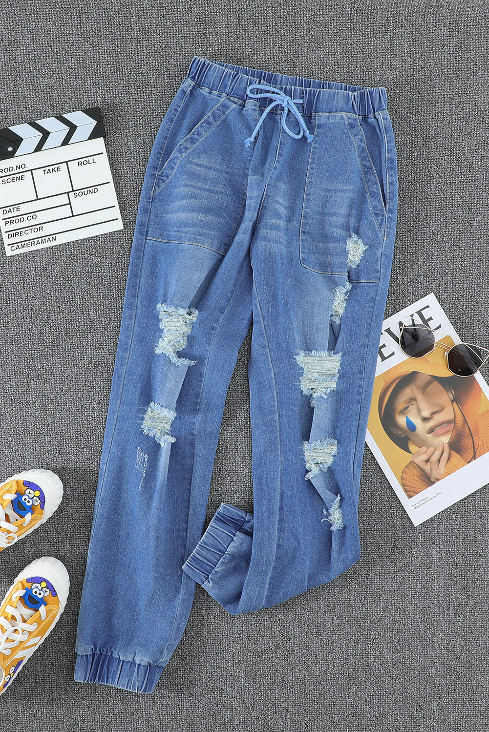 Women's Sky Blue Pocketed Distressed Jean Joggers