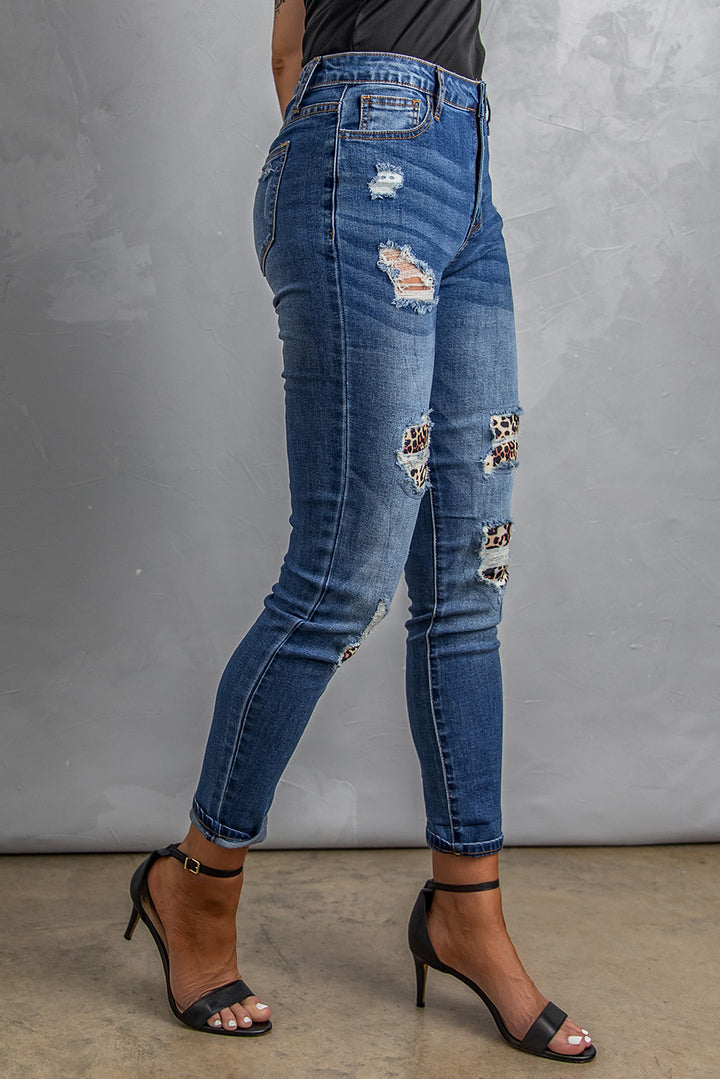 Fashion Women's Leopard Patch Destroyed Skinny Blue Jeans