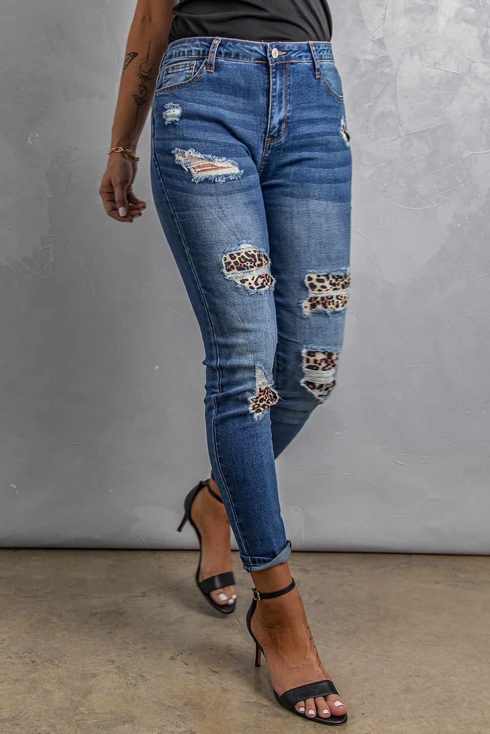 Fashion Women's Leopard Patch Destroyed Skinny Blue Jeans