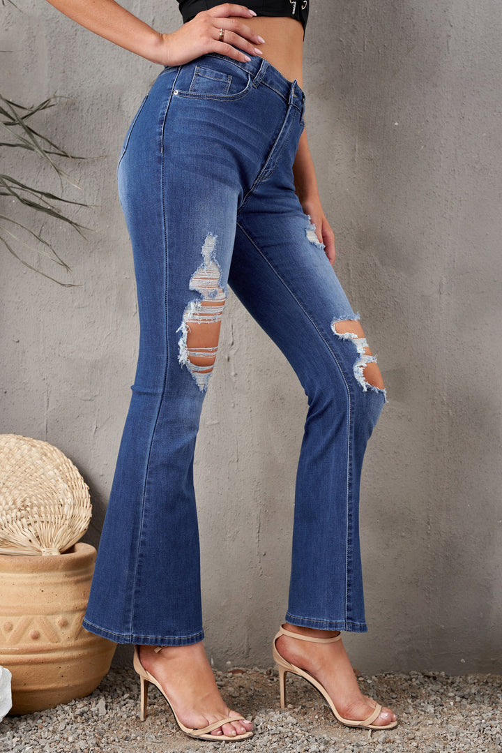 Women's Blue Mid Waist Distressed Flared Jeans