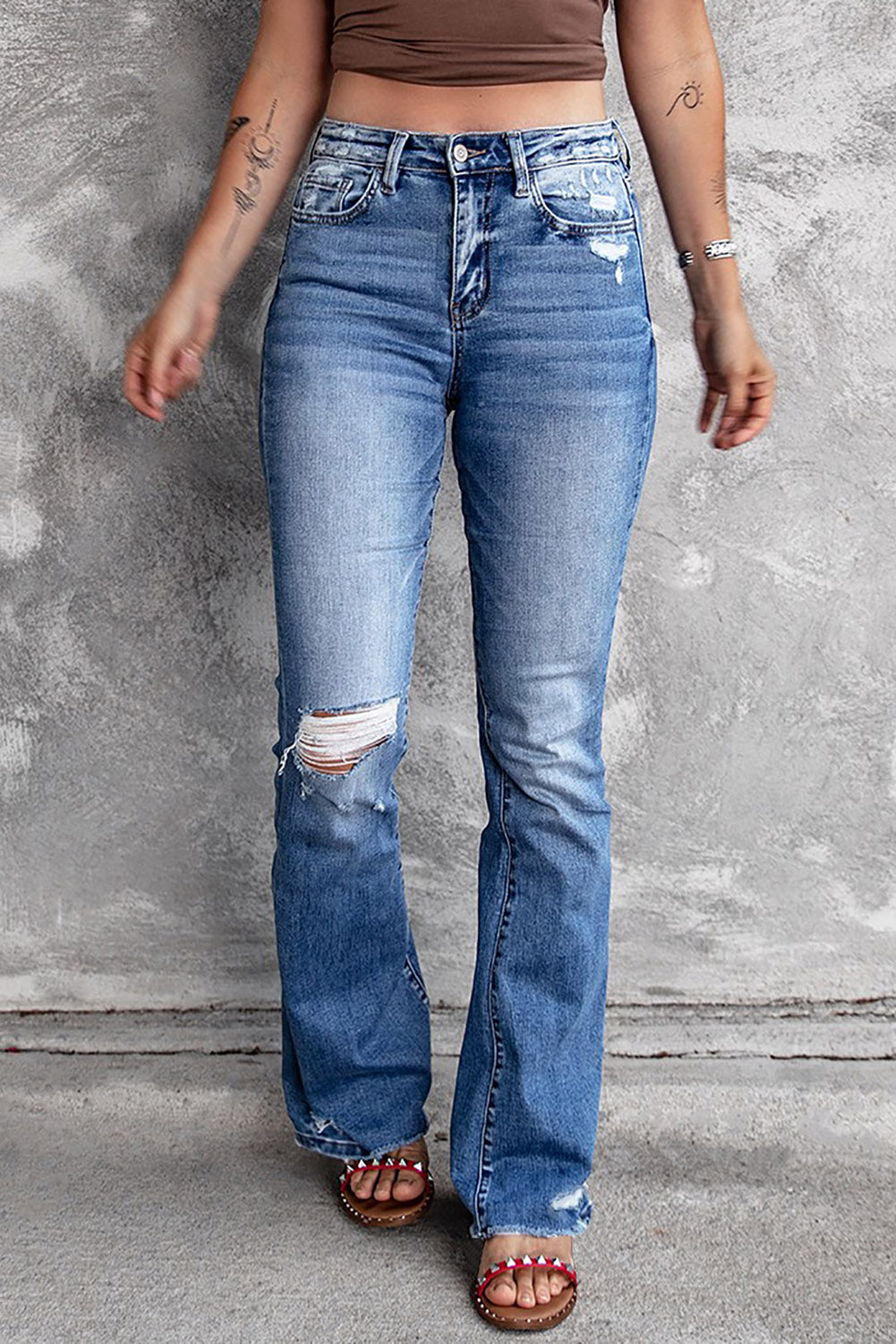 Womens Blue Distressed Flare Jeans
