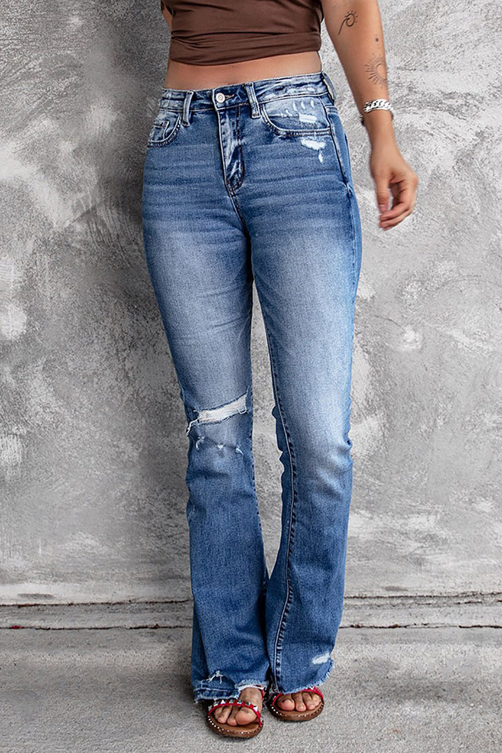 Womens Blue Distressed Flare Jeans
