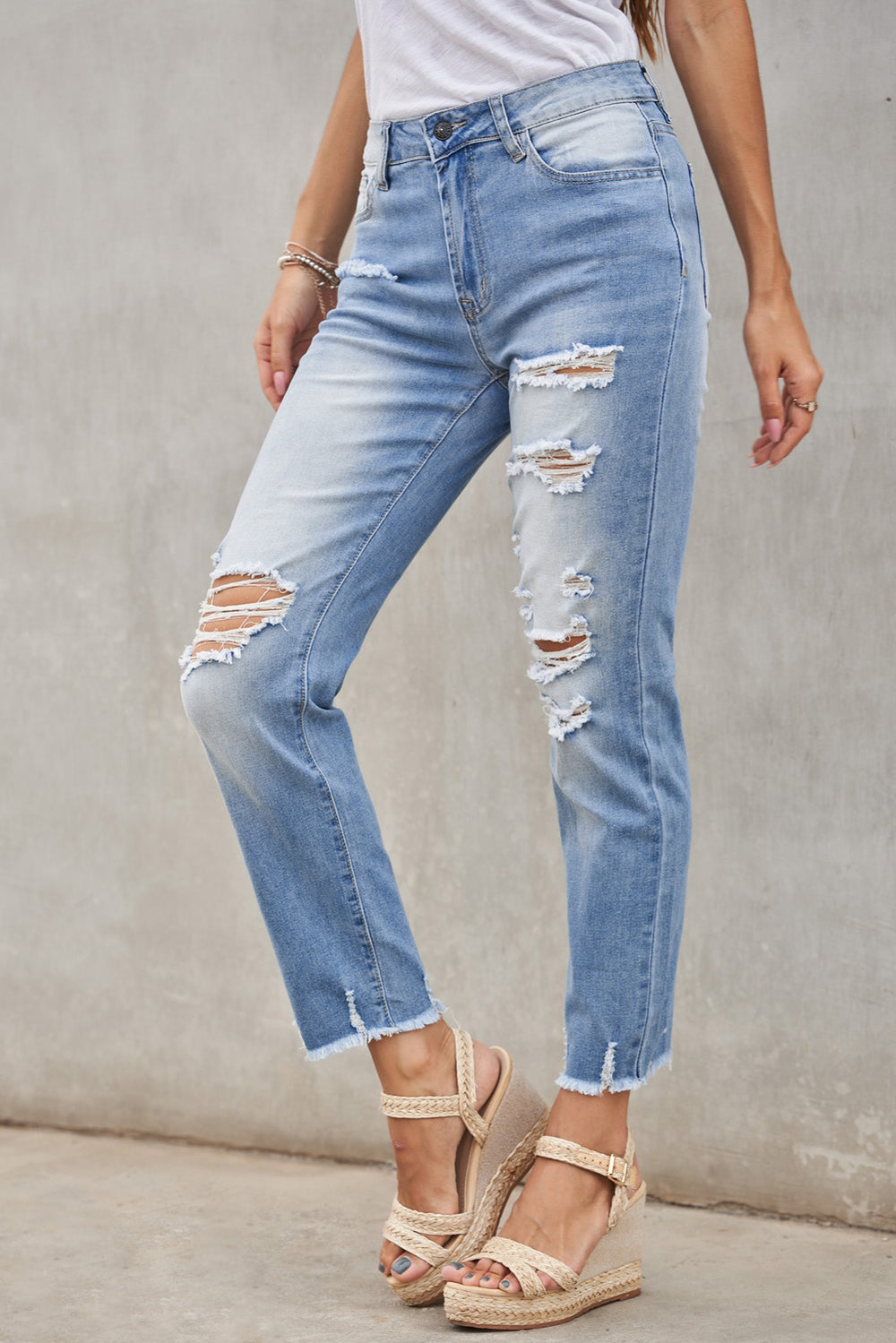 Fashion Light Blue Distressed Boyfriend Denim Pants