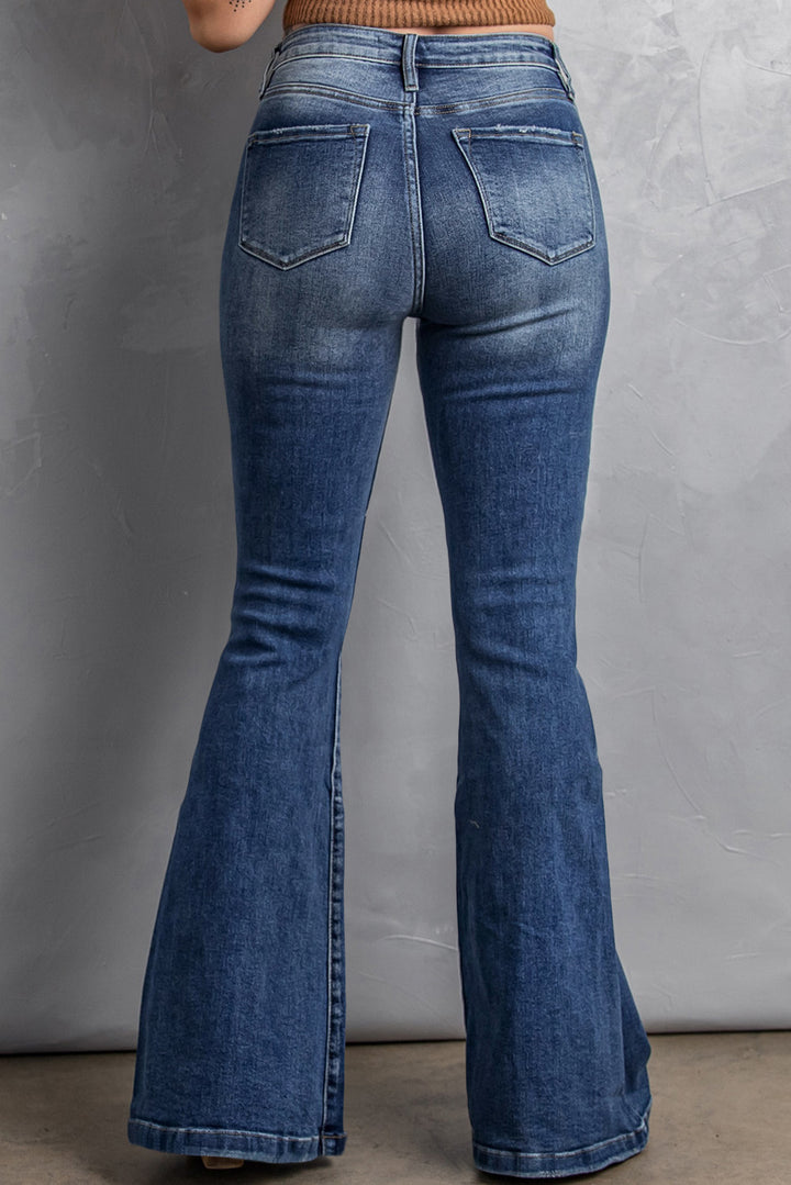 Womens Blue High Waist Flare Jeans with Pockets