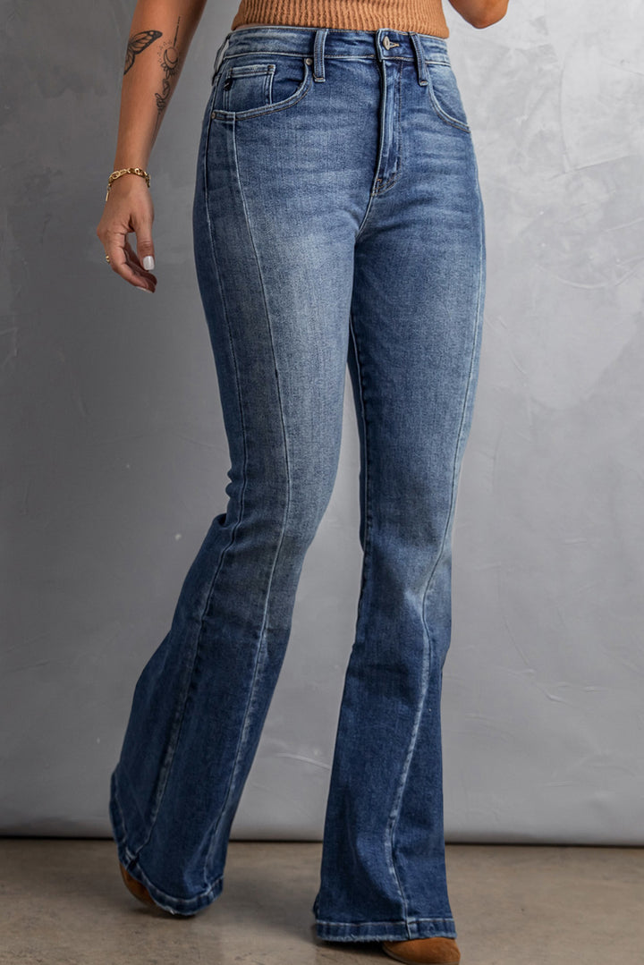Womens Blue High Waist Flare Jeans with Pockets