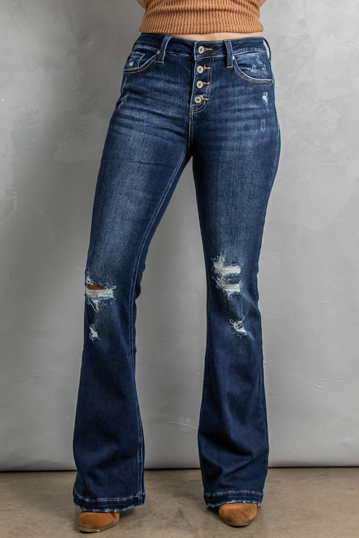 Womens Dark Washed Distressed Flare Bottom Jeans