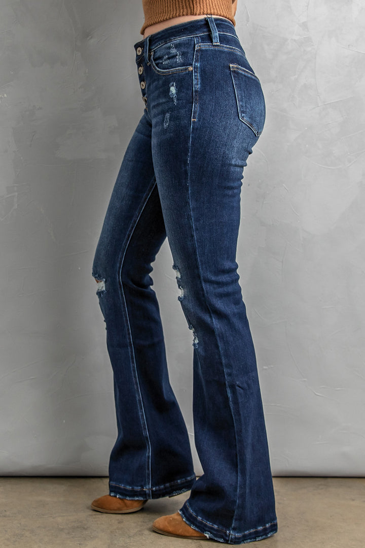 Womens Dark Washed Distressed Flare Bottom Jeans
