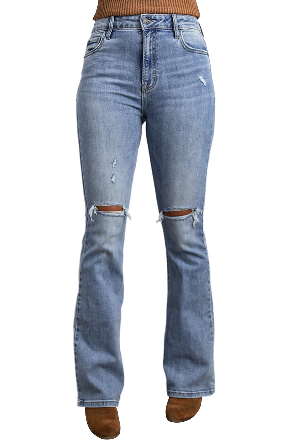 Blue Wash Knee Slits Ripped Flare Jeans