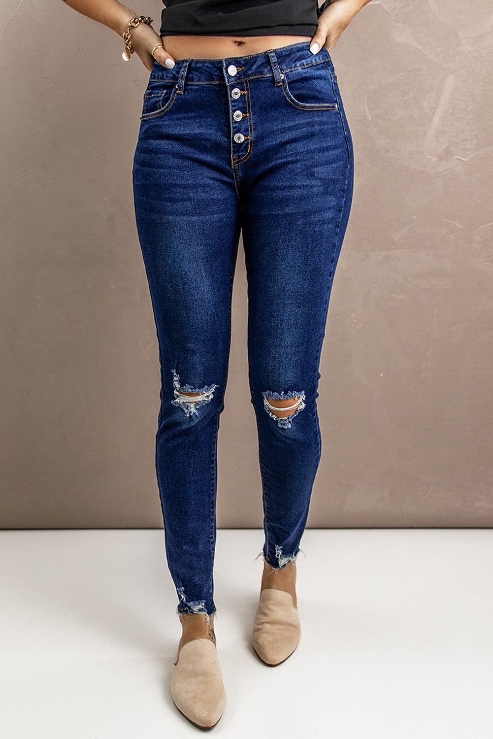 Fashion Blue Ripped Button Fly Skinny Jeans