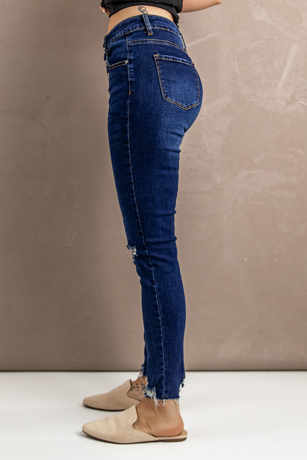 Fashion Blue Ripped Button Fly Skinny Jeans