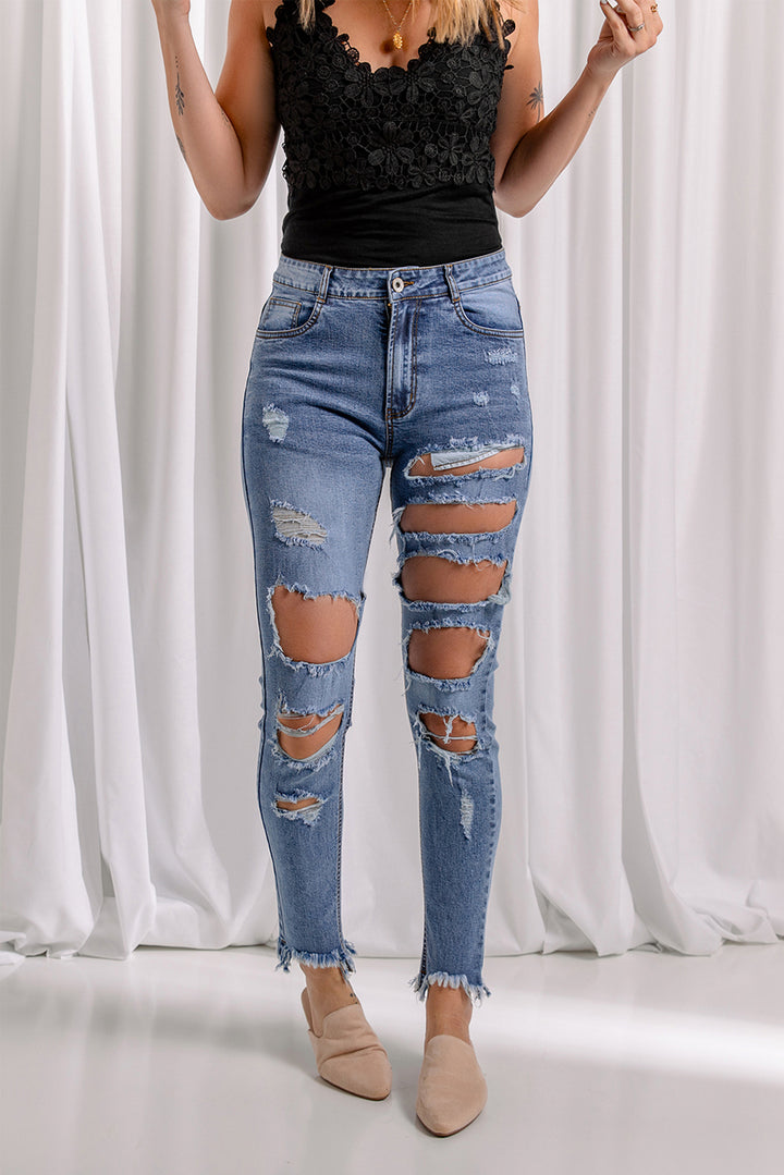 Fashion Blue Distressed Slits Holes Frayed Jeans