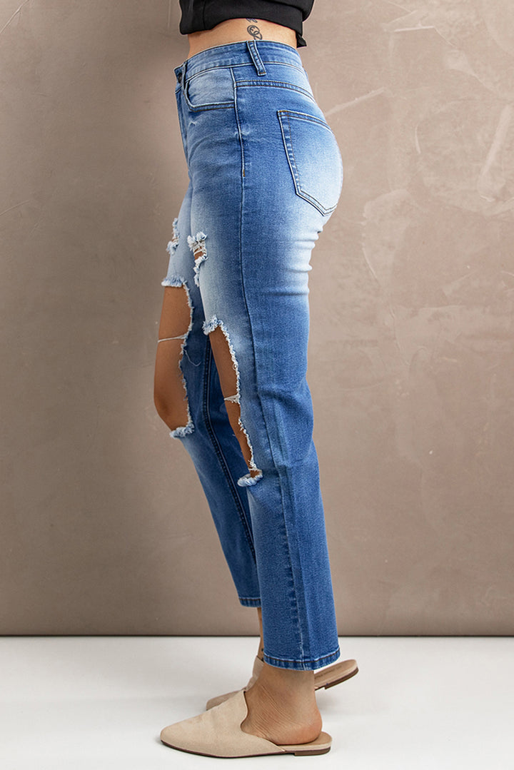 Blue Distressed Holes Hollow-out Straight Jeans