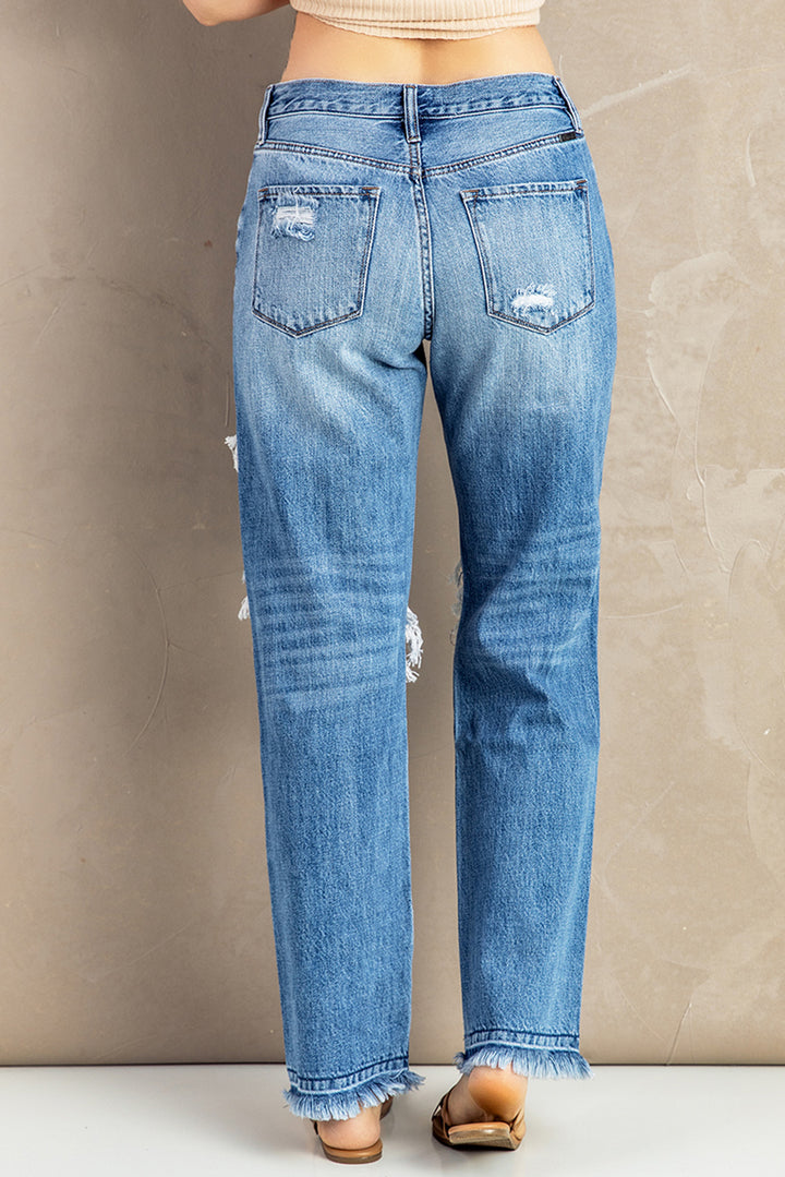 Fashion Sky Blue Distressed Holes Hollow-out Boyfriend Jeans