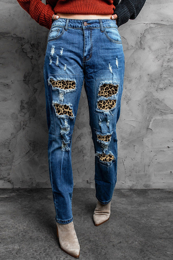 Fashion Distressed Leopard Patchwork Straight Leg Jeans