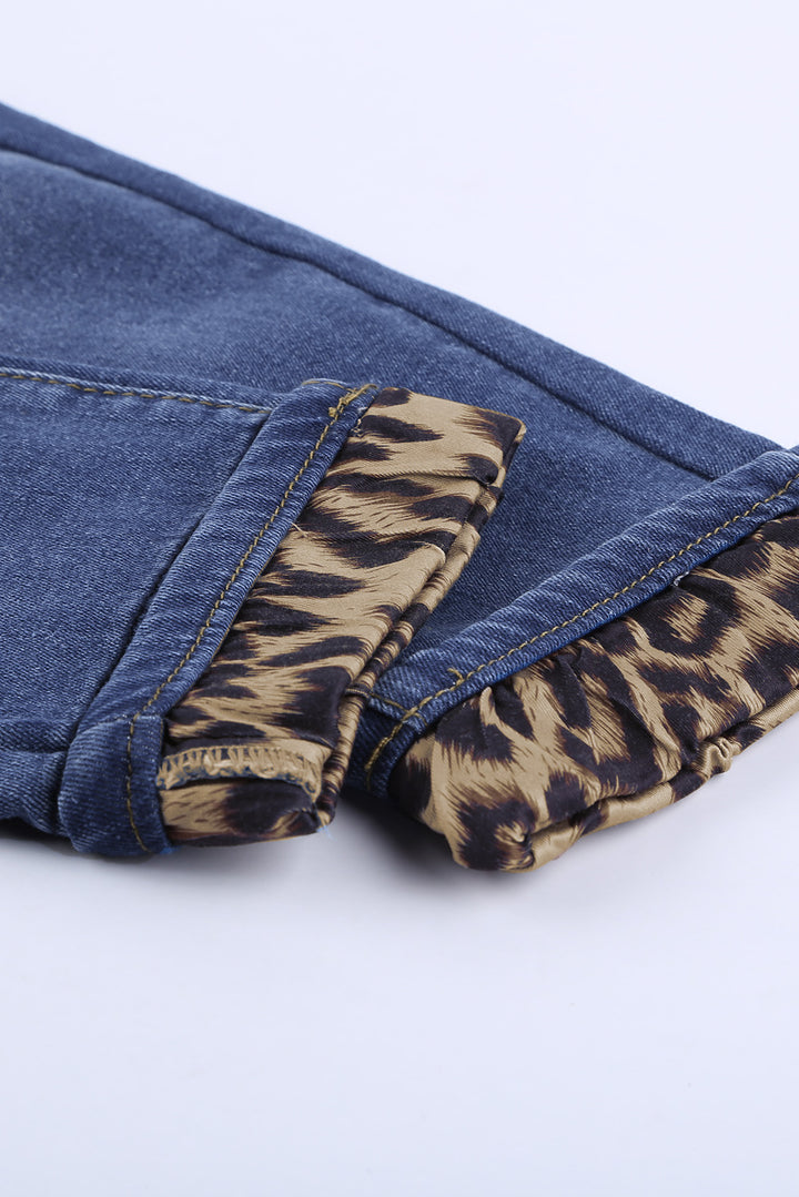 Fashion Blue Hollow Out Leopard Patchwork Distressed Jeans