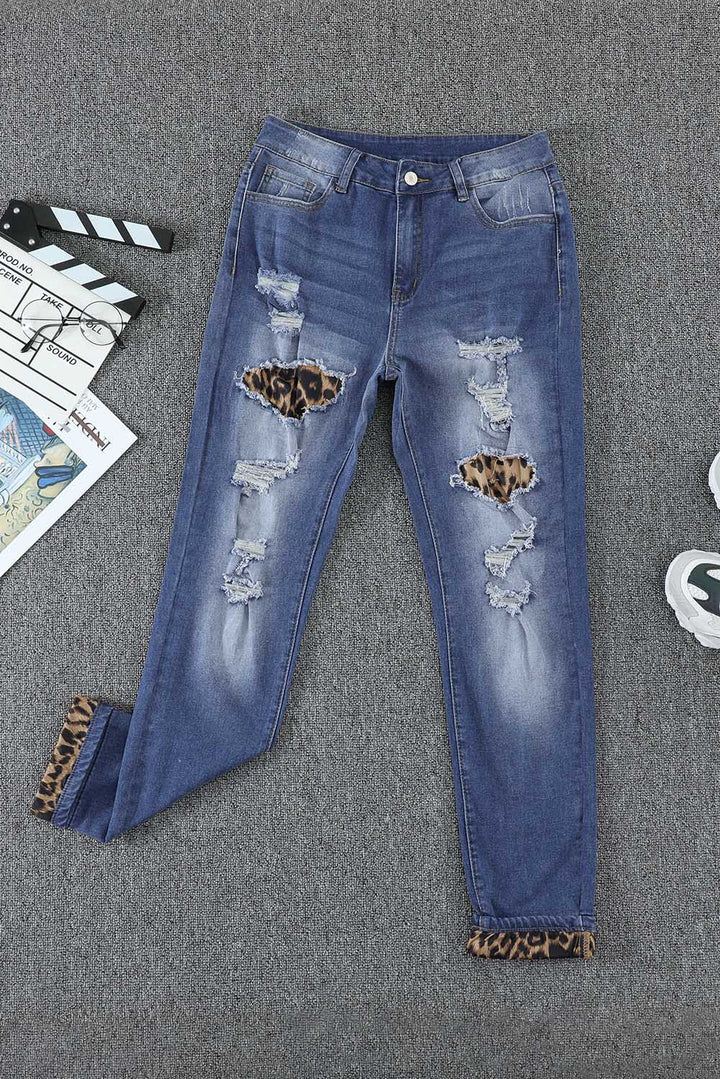 Fashion Blue Hollow Out Leopard Patchwork Distressed Jeans