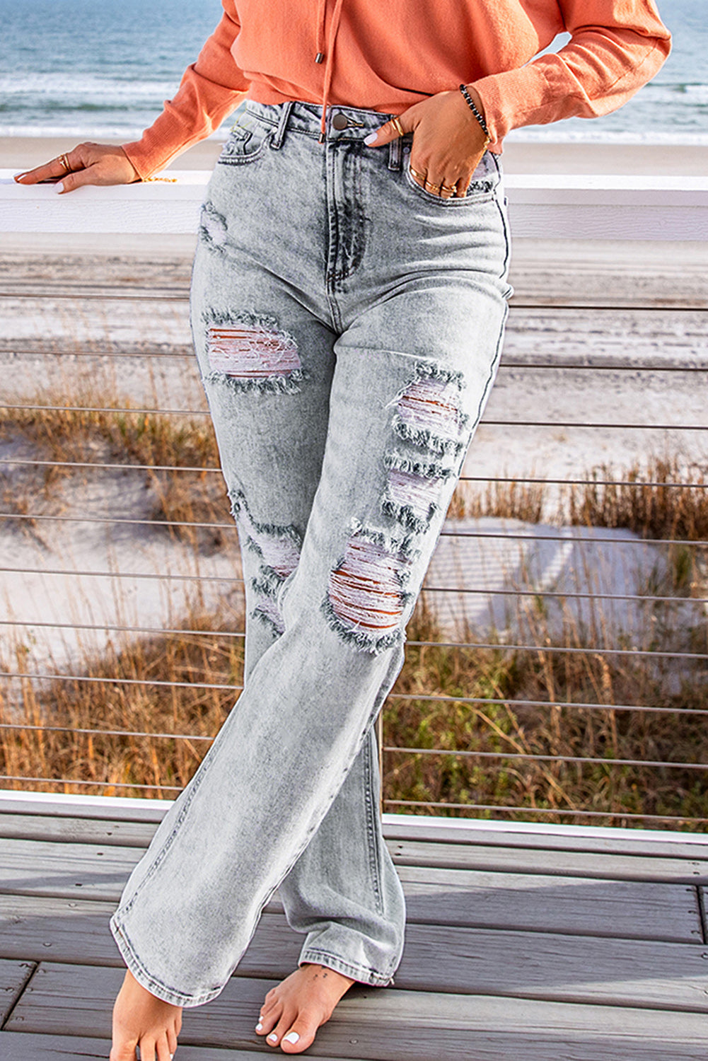 Sky Blue Fading Wash Distressed Casual Jeans
