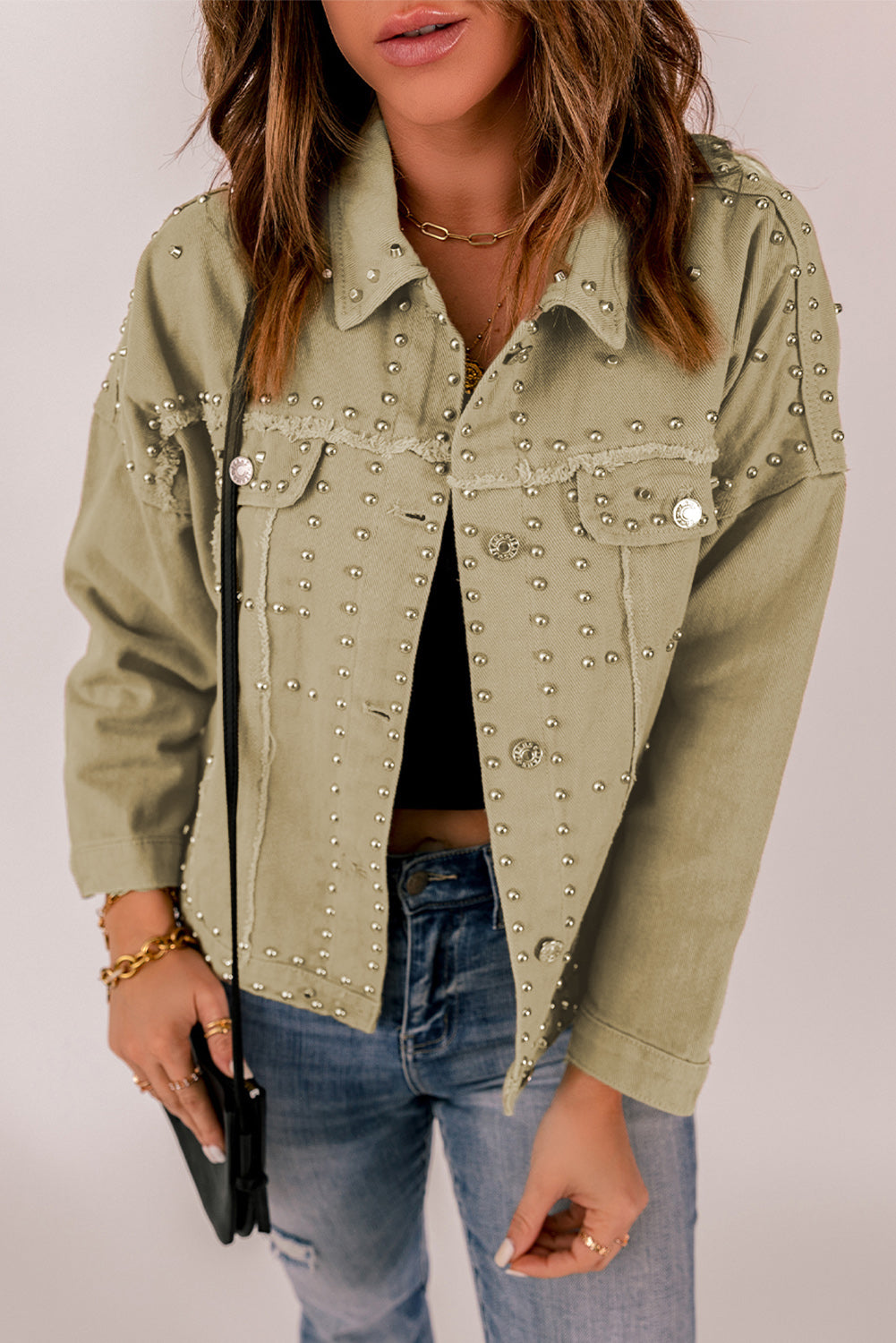 Fashion Khaki Frayed Trim Rivet Denim Jacket
