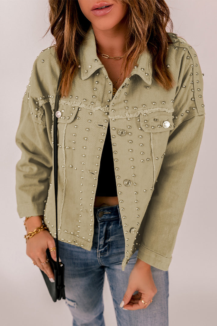 Fashion Khaki Frayed Trim Rivet Denim Jacket