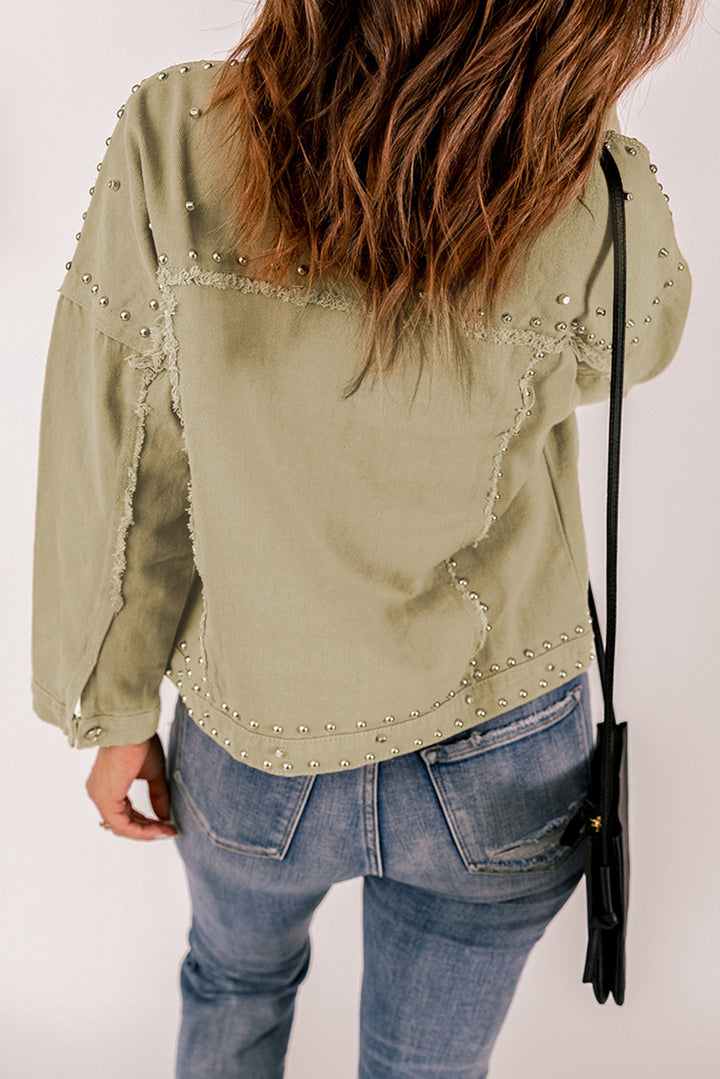 Fashion Khaki Frayed Trim Rivet Denim Jacket