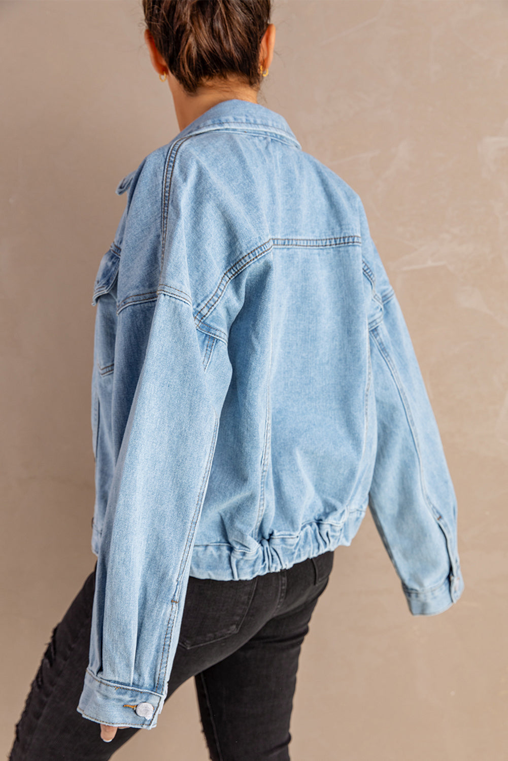 Fashion Sky Blue Acid Washed Pockets Buttoned Denim Jacket