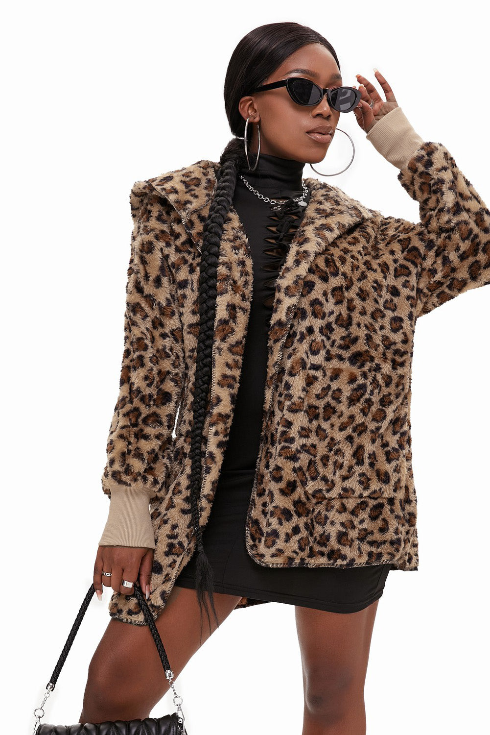 Women Winter Leopard  Soft Fleece Hooded Open Front Coat