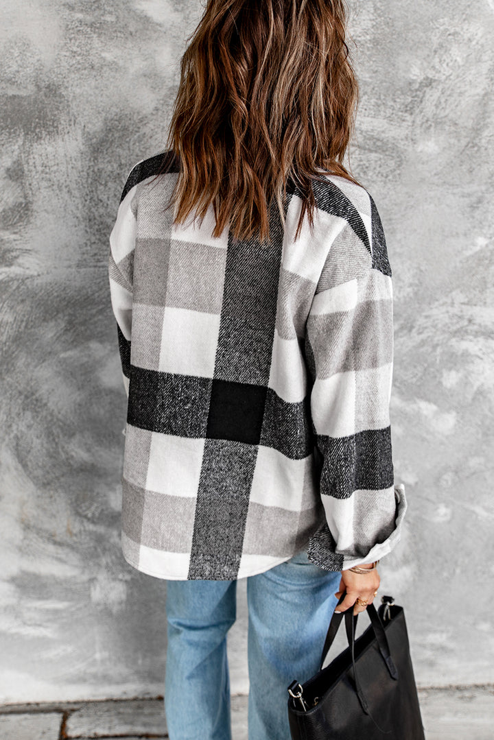 Women's Gray Plaid Color Block Buttoned Pocket Long Sleeve Shirt Jacket