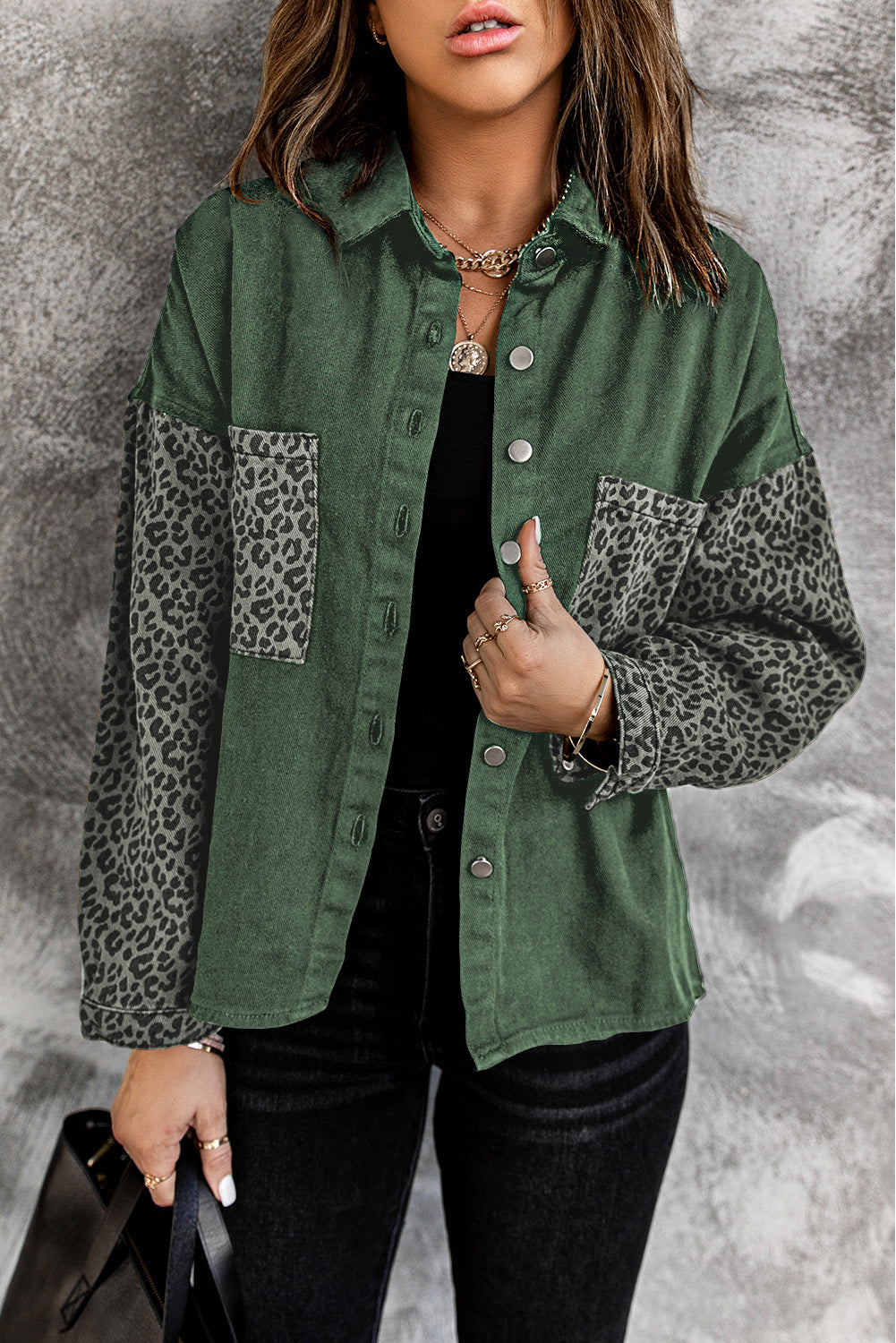 Women's Green Contrast Leopard Denim Jacket