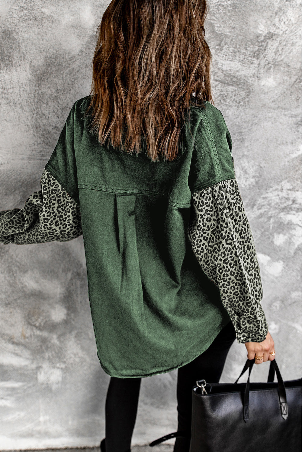 Women's Green Contrast Leopard Denim Jacket