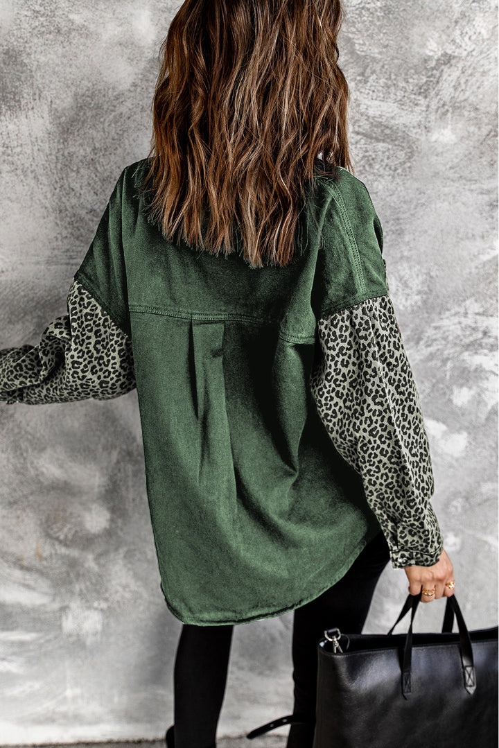 Women's Green Contrast Leopard Denim Jacket