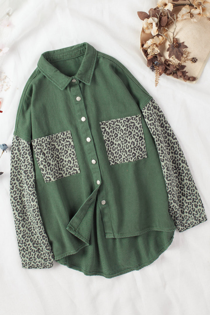 Women's Green Contrast Leopard Denim Jacket