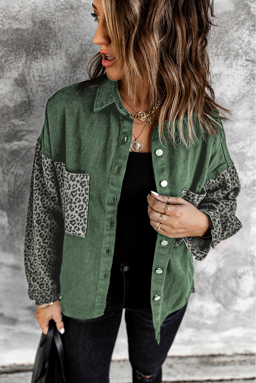 Women's Green Contrast Leopard Denim Jacket