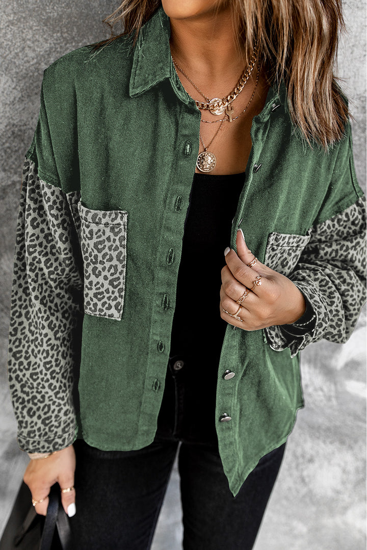 Women's Green Contrast Leopard Denim Jacket