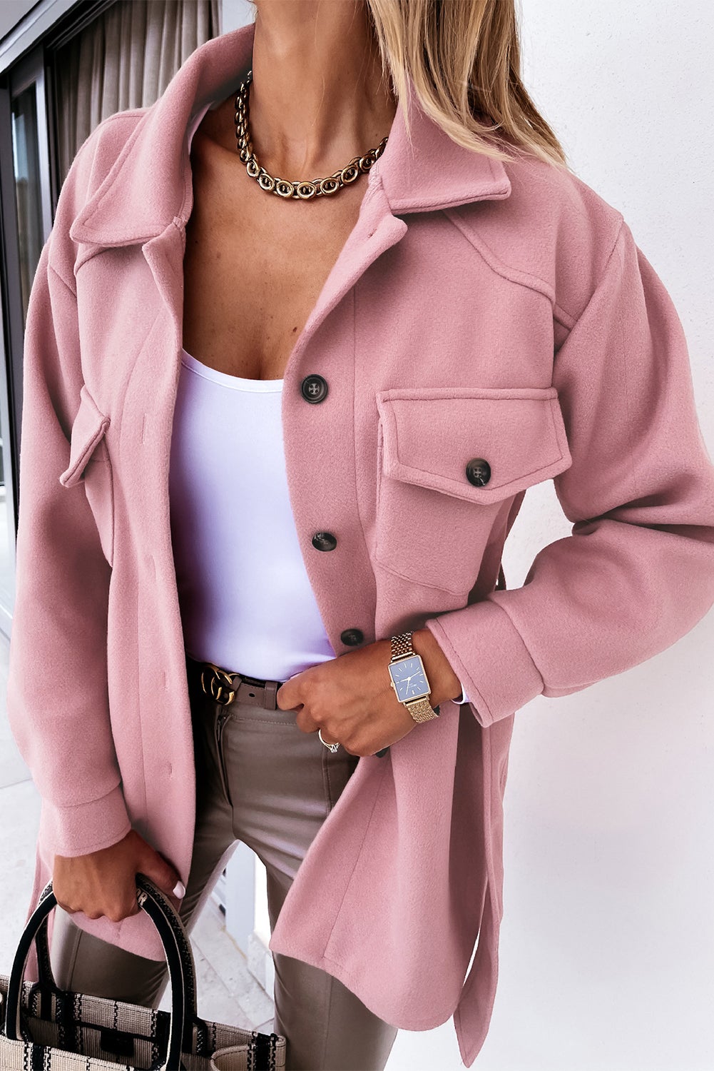 Pink Lapel Button-Down Coat with Chest Pockets