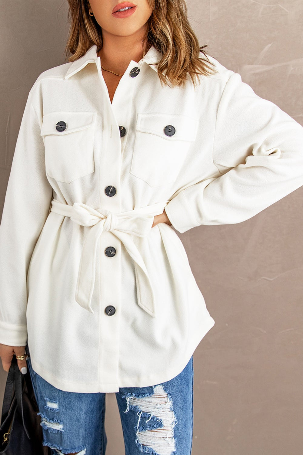 Khaki Lapel Button-Down Coat with Chest Pockets