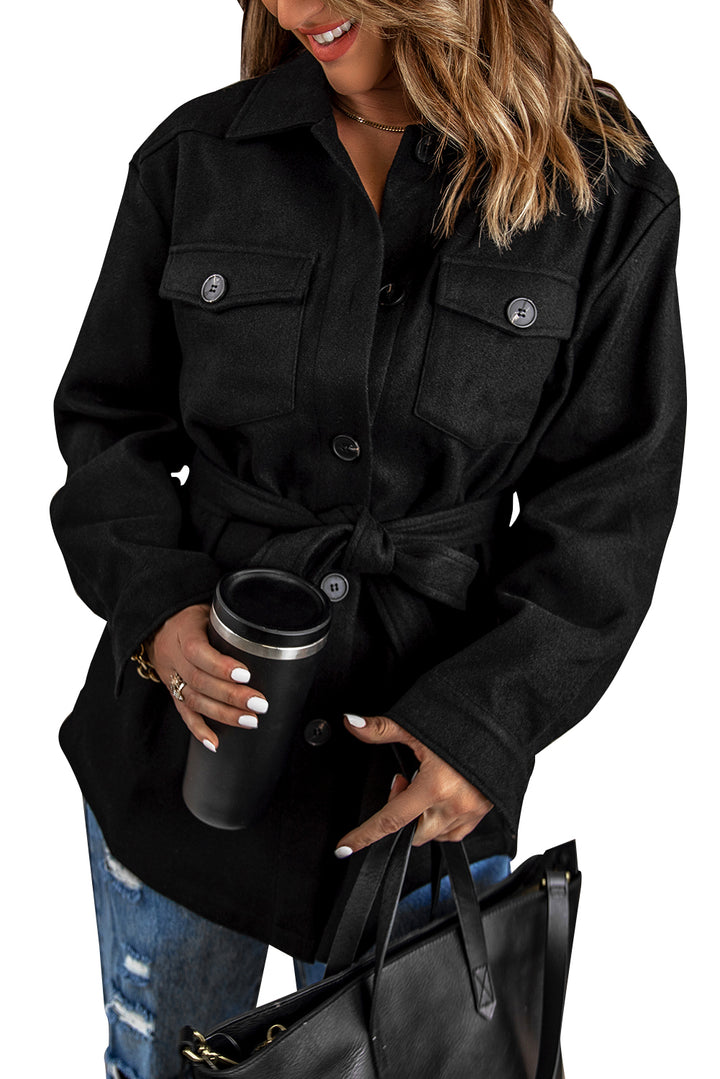 Black Lapel Button-Down Coat with Chest Pockets