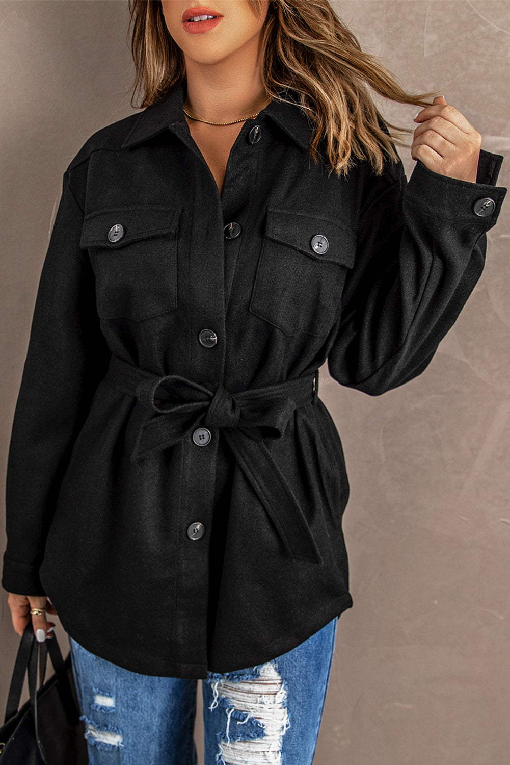 Black Lapel Button-Down Coat with Chest Pockets