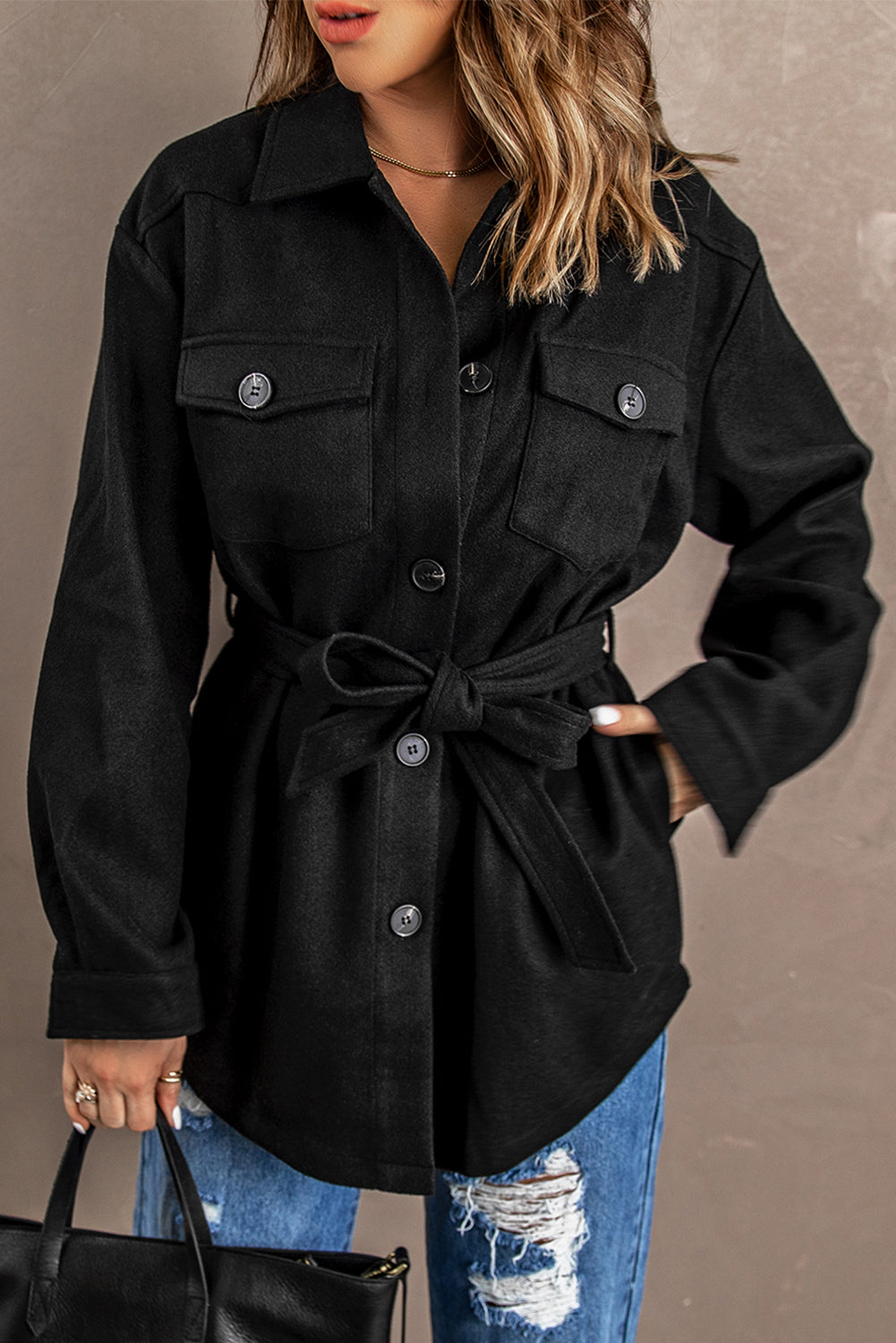 Black Lapel Button-Down Coat with Chest Pockets