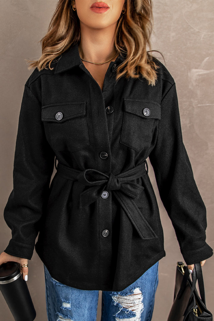 Black Lapel Button-Down Coat with Chest Pockets