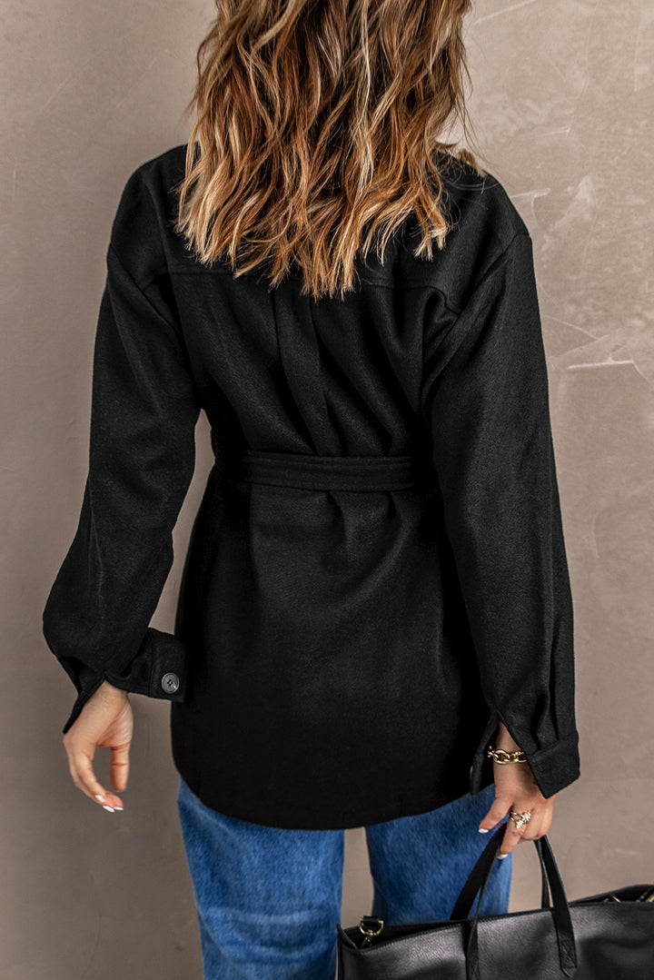 Black Lapel Button-Down Coat with Chest Pockets