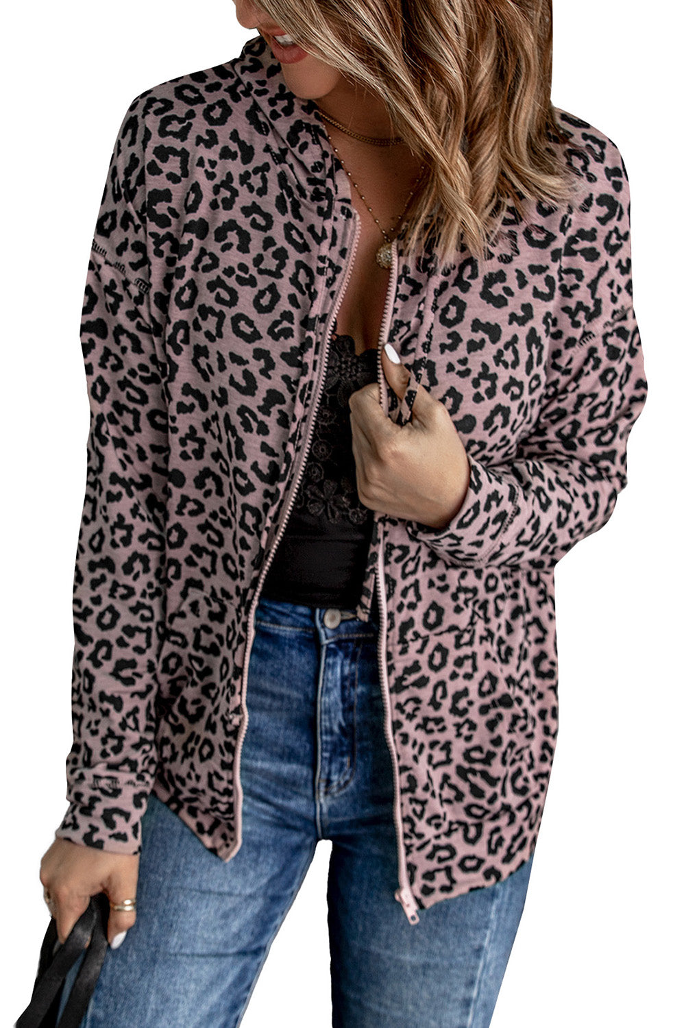 Leopard Zipper Hooded Coat