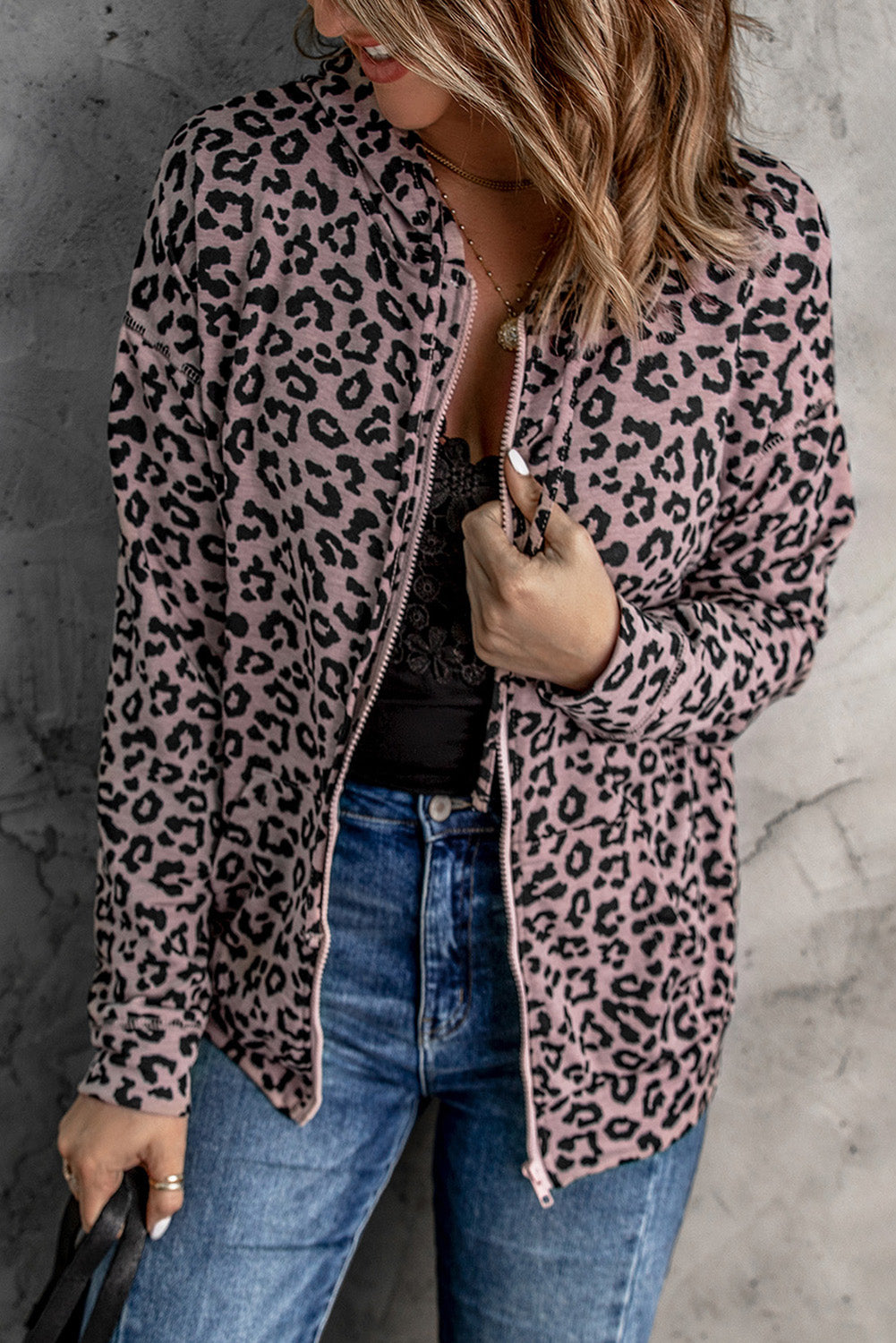 Fashion Leopard Print Zipper Hooded Coat with Pocket