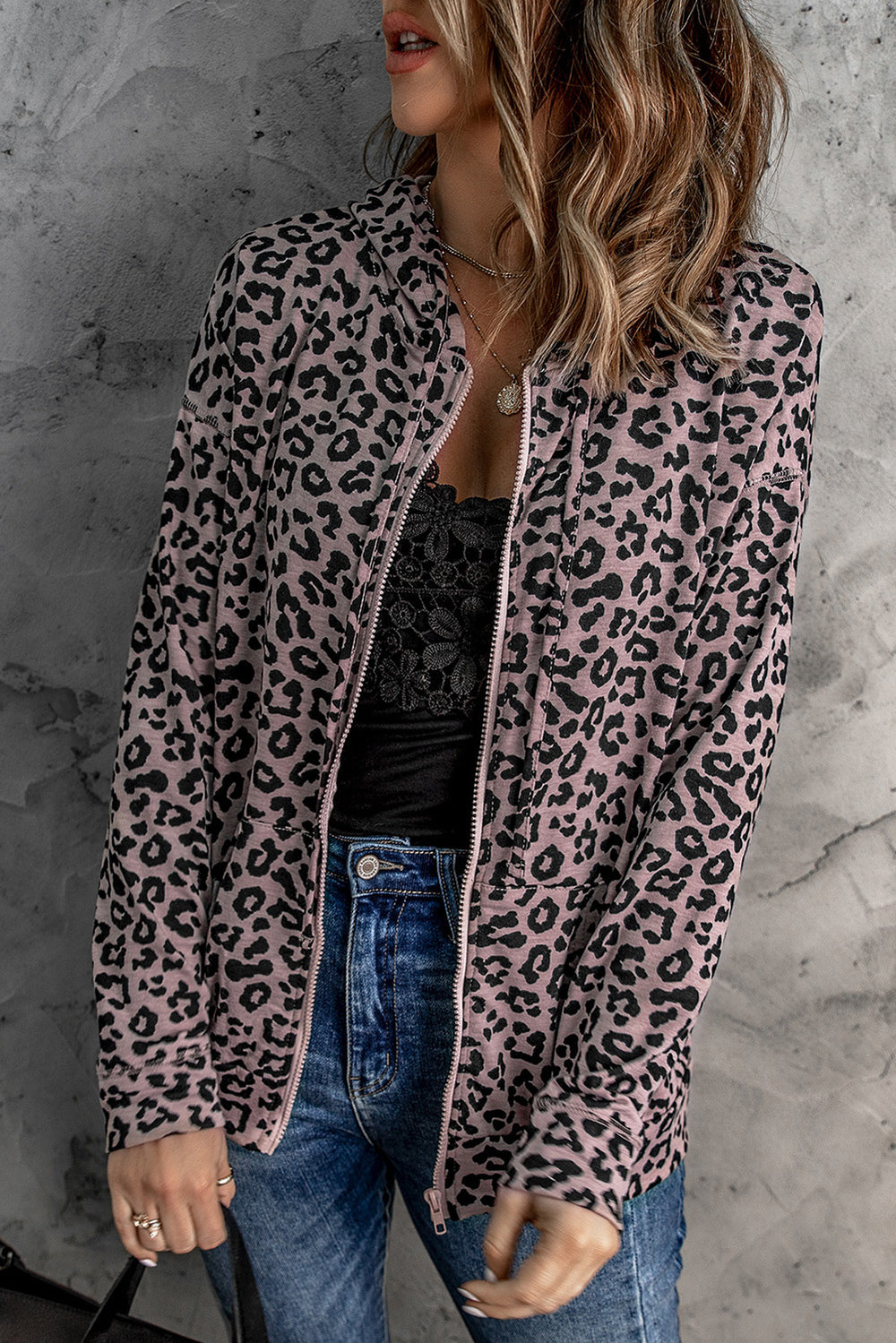 Fashion Leopard Print Zipper Hooded Coat with Pocket